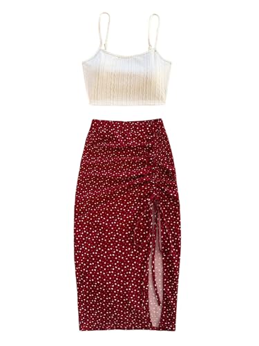 GORGLITTER Damen Zweiteiliger Freizeitanzug Böhmisch Spaghettiträger Top und Hohe Taille Midirock mit Schlitz Casualanzug 2 Teiler Set Sommer Outfits Bordeaux XL von GORGLITTER