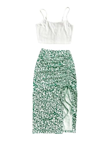 GORGLITTER Damen Zweiteiliger Freizeitanzug Böhmisch Spaghettiträger Top und Hohe Taille Midirock mit Schlitz Casualanzug 2 Teiler Set Sommer Outfits Grün M von GORGLITTER
