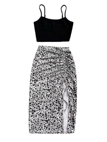 GORGLITTER Damen Zweiteiliger Freizeitanzug Böhmisch Spaghettiträger Top und Hohe Taille Midirock mit Schlitz Casualanzug 2 Teiler Set Sommer Outfits Schwarz L von GORGLITTER