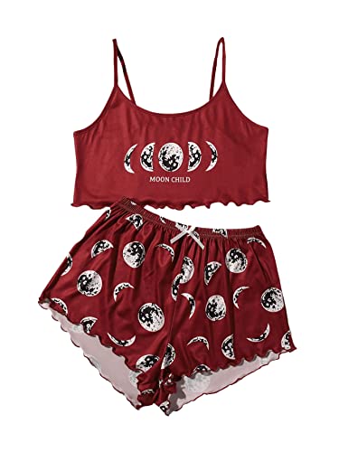 GORGLITTER Damen Zweiteiliger Schlafanzug Set Camisole Crop Top und Short Sets Wellensaum Schlafi Sets Hausanzug mit Mond Muster Bordeaux M von GORGLITTER