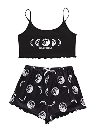 GORGLITTER Damen Zweiteiliger Schlafanzug Set Camisole Crop Top und Short Sets Wellensaum Schlafi Sets Hausanzug mit Mond Muster Schwarz L von GORGLITTER