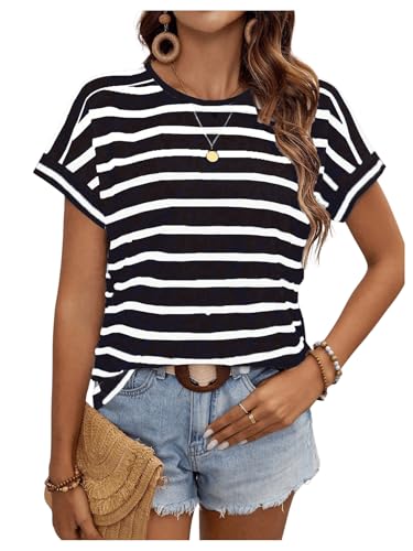 GORGLITTER Damen gestreiftes T-Shirt Lässig Kurzarmshirts Fledermausärmel Tops Sportlich Tshirt Locker Oberteil Luft Top Schwarz XS GORGLITTER Damen gestreiftes T-Shirt Lässig Kurzarmshirts Fledermausärmel Tops Sportlich Tshirt Locker Oberteil Luft Top Schwarz XS von GORGLITTER