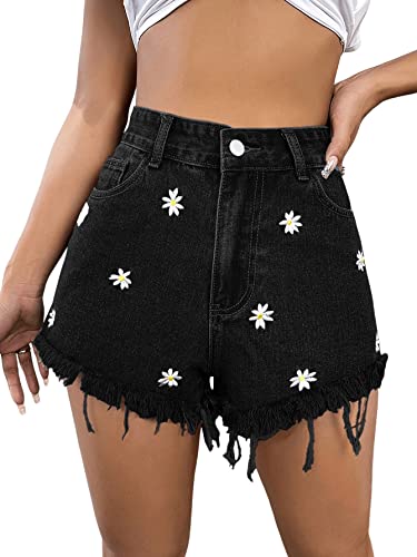 GORGLITTER Denim Shorts Damen High Waist Kurze Jeanshose Sommer Jeans Shorts Mit Fransen Hotpants Mit Gänseblümchen Schwarz S von GORGLITTER