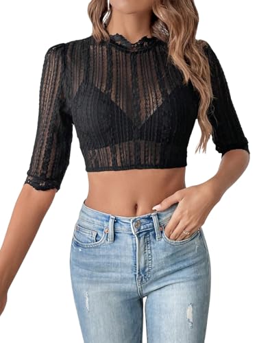 GORGLITTER Dirndl Bluse Damen Spitze Langarm Blusentops Spitzenbluse Trachtenbluse Spitzentop Festival Outfit Dirndlbluse Damenblusen Sommer Outfits Schwarz M von GORGLITTER