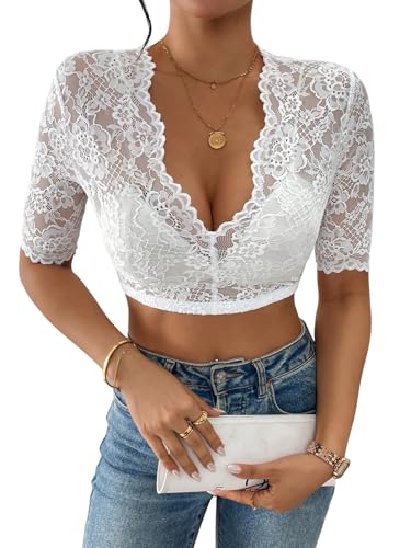GORGLITTER Dirndl Bluse Damen V Ausschnitt Trachtenblusen Transparent Dirndlbluse Spitzenbluse Oktoberfest Spitzentop Elegant Spitzenshirt Trachten Oberteil Weiß L von GORGLITTER