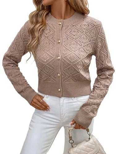 GORGLITTER Dünne Strickjacke Damen Elegant Zum Kleid Spitzen Cardigan Trachten Strickjacke Mit Spitze Strickpullover Herbst Outfit Khaki XS von GORGLITTER