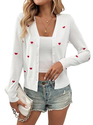 GORGLITTER Dünne Strickjacke Damen Kurz Cardigan Mit Herz Strickpullover Herbstmode Langarm Pullover Mit Knöpfen Herbstjacke Winterpullover Weiß L von GORGLITTER