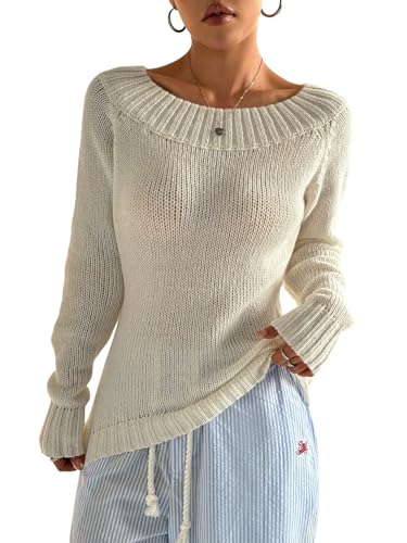 GORGLITTER Dünner Pullover Damen Transparent Strickpullover Off Shoulder Oberteil Strickpulli Langarm Grobstrickpullover Herbst Outfit Aprikosenfarben M von GORGLITTER