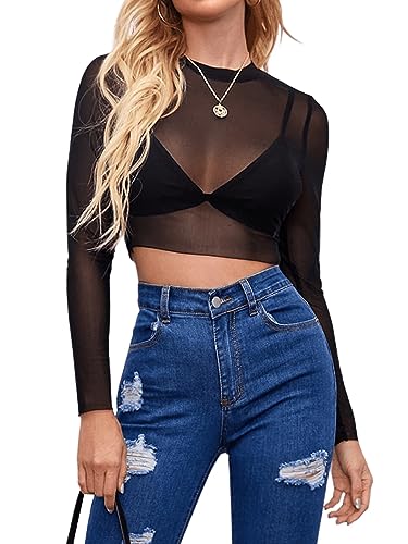 GORGLITTER Durchsichtig Crop Top Damen Mesh Oberteil Tops Transparentem Netz T-Shirt Partyshirt Schwarz XL von GORGLITTER