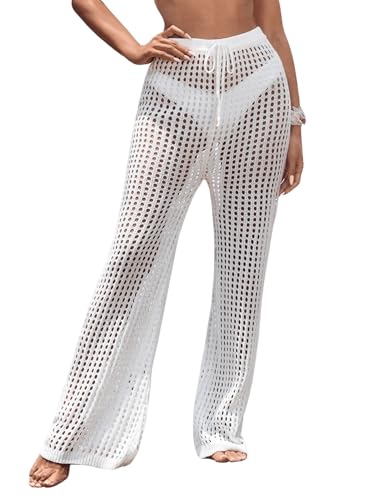 GORGLITTER Durchsichtig Hose Damen Cover-Up Hose Breite Bein Crochet Pants Strandhose Cover Up Casualhose mit Elastischer Bund Weiß M von GORGLITTER