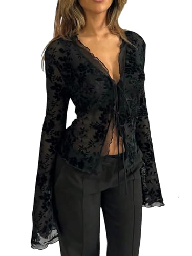GORGLITTER Durchsichtig Mesh Bluse Damen Elegant Oberteil Y2K Partytop V-Ausschnitt Blusenshirt Transparent Langarmshirt Karneval Outfit Clubwear Schwarz L von GORGLITTER