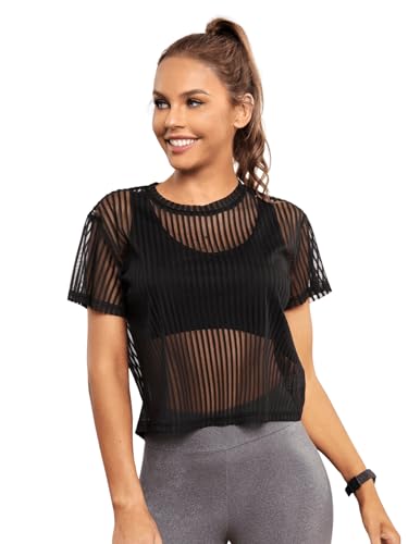 GORGLITTER Durchsichtig Mesh T-Shirt Damen Sommer Tshirt Kurzarm Leicht Top Sommershirt Gestreift Oberteil Schwarz M von GORGLITTER