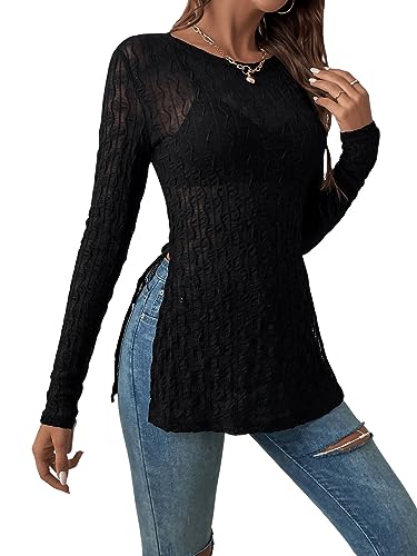 GORGLITTER Durchsichtig Top Damen Langarm T-Shirt Slim Fit Oberteil mit Schlitz Shirts Schwarz M von GORGLITTER