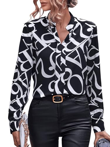 GORGLITTER Elegant Bluse Damen Langarm Blusenshirt Blusen Elegant Büro Langarmshirt Locker Blusen Oberteile Schwarz und Weiß M von GORGLITTER