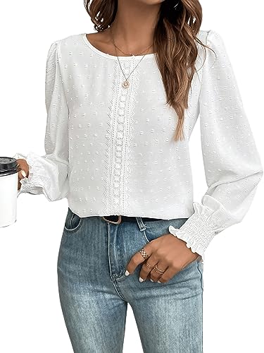 GORGLITTER Elegant Bluse Damen Langarm Oberteil Tunika Laternenärmeln Chiffonbluse Office Herbst Tunika Langarmshirt Pulli Vollweiß M von GORGLITTER