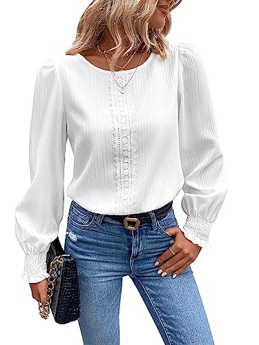 GORGLITTER Elegant Bluse Damen Langarm Oberteil Tunika Laternenärmeln Chiffonbluse Office Herbst Tunika Langarmshirt Pulli Weiß L von GORGLITTER