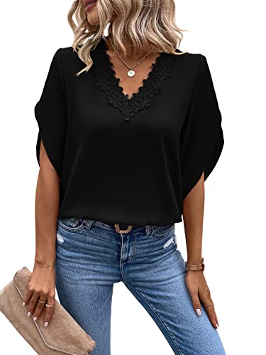 GORGLITTER Elegant Bluse Sommer Oberteil Spitzen Tunika V-Ausschnitt Sommershirt Locker Top Office Blusen mit Fledermausärmeln Schwarz S von GORGLITTER