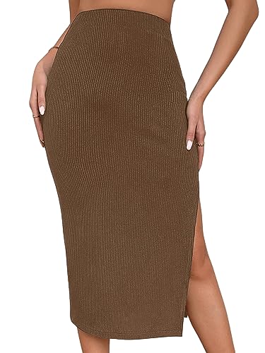 GORGLITTER Elegant Rock Damen Midi Röcke mit Schlitz Vintage Retro Röcke Rippenstrick Enger Rock Hohen Taille Freizeitrock Kaffeebraun S von GORGLITTER