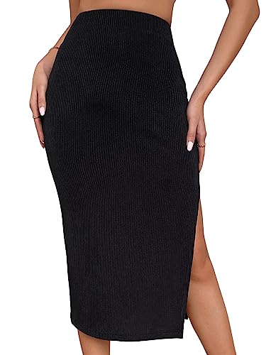 GORGLITTER Elegant Rock Damen Midi Röcke mit Schlitz Vintage Retro Röcke Rippenstrick Enger Rock Hohen Taille Freizeitrock Schwarz L von GORGLITTER