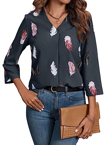 GORGLITTER Elegante Bluse Damen V Ausschnitt Bluse Blusenshirt 3/4 Arm Elegant Bluse Mit Knöpfen Dreiviertelarm Oberteil Mit Federn Dunkelgrau XL von GORGLITTER