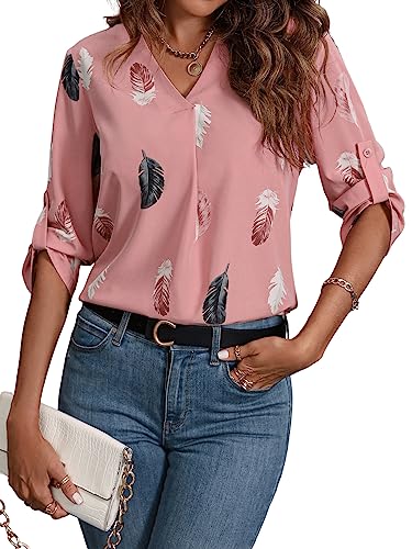 GORGLITTER Elegante Bluse Damen V Ausschnitt Bluse Blusenshirt 3/4 Arm Elegant Bluse Mit Knöpfen Dreiviertelarm Oberteil Mit Federn Grau-Rosa L von GORGLITTER