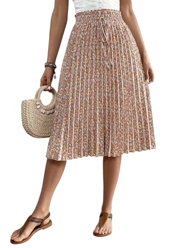 GORGLITTER Faltenrock Damen Elegant Elastische Taille Midi Rock Gemusterter Plisseerock A-Linie Midirock Hohe Taille Freizeitrock Causal Röcke Grau-Rosa L von GORGLITTER