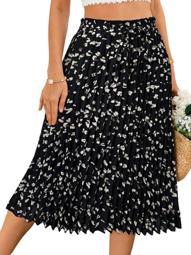 GORGLITTER Faltenrock Damen Elegant Elastische Taille Midi Rock Gemusterter Plisseerock A-Linie Midirock Hohe Taille Freizeitrock Causal Röcke Schwarz M von GORGLITTER