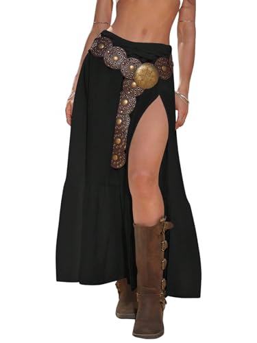 GORGLITTER Festival Outfit Damen Maxirock Mit Schlitz Langer Rock Western Outfit Sommerrock Freizeitrock Strandrock Party Rock Schwarz S von GORGLITTER