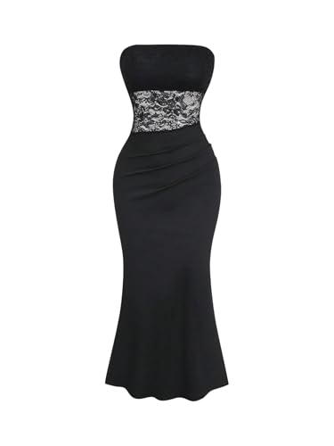 GORGLITTER Figurbetont Kleid Damen Elegant Beadeaukleid Schulterfrei Partykleid mit Spitze Bodycon Freizeitkleid Lang Fischschwanz Schwarz XS von GORGLITTER