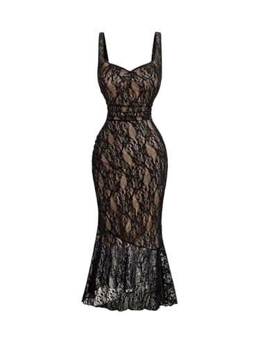 GORGLITTER Figurbetont Kleid Damen Elegant Spitzen Midikleid Ärmellos Bodycon Partykleid Tank Abendkleid Fischschwanz Festival Outfit Schwarz L von GORGLITTER