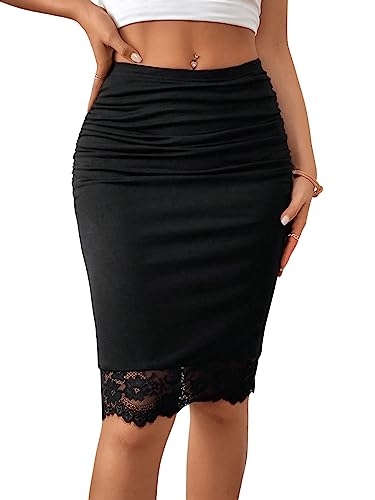 GORGLITTER Figurbetonter Rock Damen Knielang Bleistiftrock mit Spitzen Elegant Bodycon Midi Röcke Business Enger Rock Hohe Taille Schwarz L von GORGLITTER