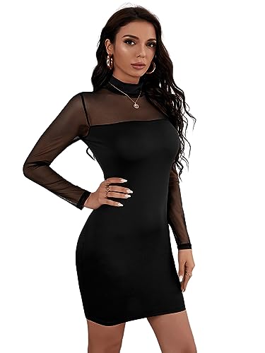 GORGLITTER Figurbetontes Elegantes Damen Mesh Kleid - Mini, Langarm, Netzstoff Mit Stehkragen, Schwarz, L von GORGLITTER