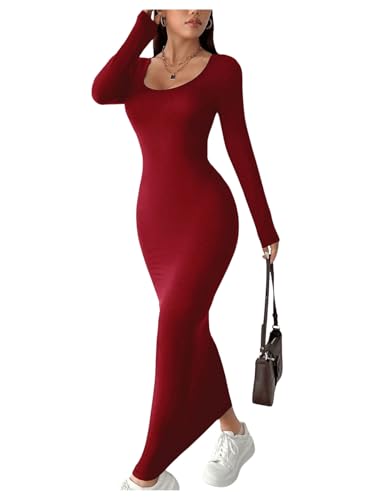 GORGLITTER Figurbetontes Kleid Damen Elegant Maxi Kleid Langarm Kleid Mit U Ausschnitt Strickkleid Lang Bleistiftkleid Bordeaux M von GORGLITTER