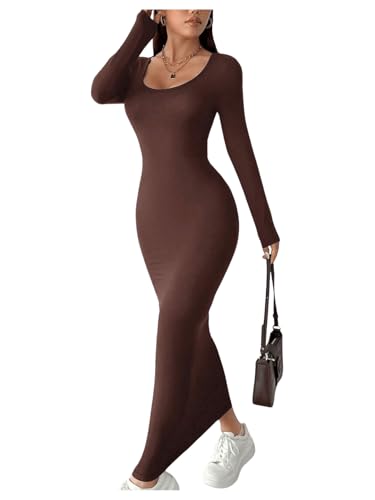 GORGLITTER Figurbetontes Kleid Damen Elegant Maxi Kleid Langarm Kleid Mit U Ausschnitt Strickkleid Lang Bleistiftkleid Braun XXS von GORGLITTER