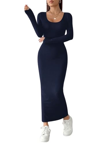 GORGLITTER Figurbetontes Kleid Damen Elegant Maxi Kleid Langarm Kleid Mit U Ausschnitt Strickkleid Lang Bleistiftkleid Dunkelblau S von GORGLITTER