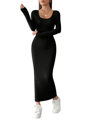 GORGLITTER Figurbetontes Kleid Damen Elegant Maxi Kleid Langarm Kleid Mit U Ausschnitt Strickkleid Lang Bleistiftkleid Schwarz XXS von GORGLITTER