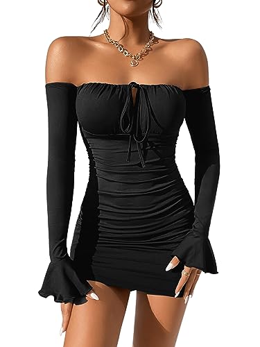 GORGLITTER Figurbetontes Kleid Damen Elegant Schulterfreies Kleid Langarm Kleid Mit Rüschen Sexy Minikleid Kurz Schwarz M von GORGLITTER