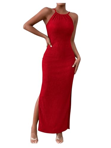 GORGLITTER Figurbetontes Kleid Damen Sommer Camikleid Elegant Langkleid Neckholder Bleistiftkleid Casualkleid Abendkleid mit Schlitz Rot S von GORGLITTER