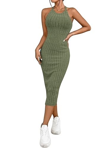 GORGLITTER Figurbetontes Neckholder Kleid - Ärmellos Sommer Rippenstrick Bleistiftkleid Midi Armeegrün S von GORGLITTER