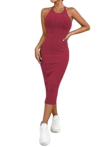 GORGLITTER Figurbetontes Kleid Mit Neckholder Damen Kleid Ärmellos Sommer Rippenstrick Kleid Bleistiftkleid Midi Bordeaux S von GORGLITTER