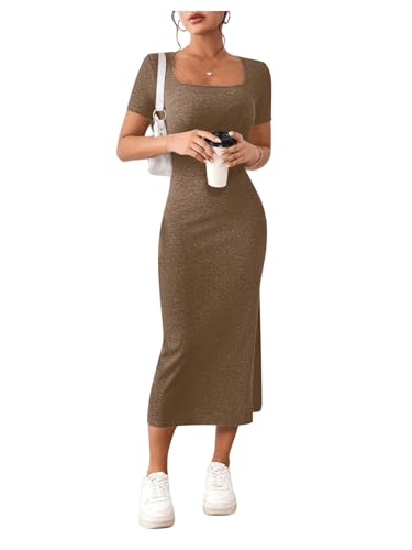 GORGLITTER Figurbetontes Kleid mit Schlitz Damen Kleider Kurzarm Sommer Midikleid Bleistiftkleid Freizeitkleid T-Shirt-Kleid Braun L von GORGLITTER