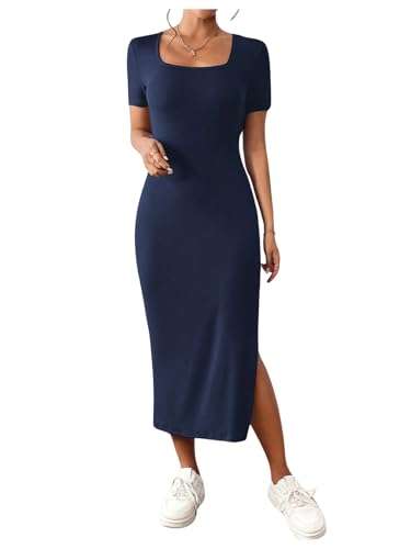 GORGLITTER Figurbetontes Kleid mit Schlitz Damen Kleider Kurzarm Sommer Midikleid Bleistiftkleid Freizeitkleid T-Shirt-Kleid Dunkelblau L von GORGLITTER