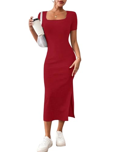 GORGLITTER Figurbetontes Kleid mit Schlitz Damen Kleider Kurzarm Sommer Midikleid Bleistiftkleid Freizeitkleid T-Shirt-Kleid Rot L von GORGLITTER