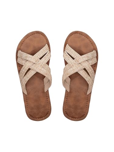 GORGLITTER Flache Sandalen Damen Sommer Riemchensandalen Boho Sandaletten Offene Zehe Freizeitsandalen Sommersandalen Strandsandalen Outdoor Schuhe Mode Hausschuhe Khaki EUR39 von GORGLITTER