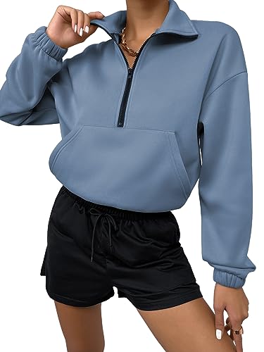 GORGLITTER Fleecepullover Damen Pullover Mit Halben Reissverschluss Sweatshirt Mit Taschen Herbst Pullover Fleece Oberteil Graublau M von GORGLITTER