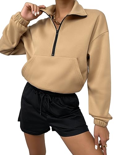 GORGLITTER Fleecepullover Damen Pullover Mit Halben Reissverschluss Sweatshirt Mit Taschen Herbst Pullover Fleece Oberteil Khaki XS von GORGLITTER