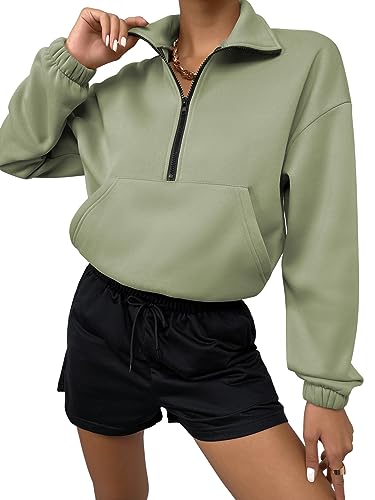 GORGLITTER Fleecepullover Damen Pullover Mit Halben Reissverschluss Sweatshirt Mit Taschen Herbst Pullover Fleece Oberteil Lindgrün M von GORGLITTER