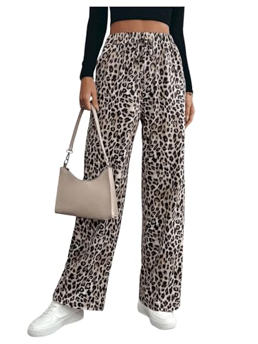 GORGLITTER Freizeithose Damen Lang Weites Bein Hose Mit Leoprint Stoffhose Mit Taschen High Waist Jogginghose Stretch Hose Gerade Hose Braun XXL von GORGLITTER