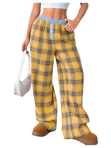 GORGLITTER Freizeithose Damen Lang Weites Bein Lounge Hose Karierte Hose Stoffhose Mit Gummizug Y2k Hose High Waist Jogginghose Stretch Hose Gerade Hose Gelb XS GORGLITTER Freizeithose Damen Lang Weites Bein Lounge Hose Karierte Hose Stoffhose Mit Gummizug Y2k Hose High Waist Jogginghose Stretch Hose Gerade Hose Gelb XS von GORGLITTER
