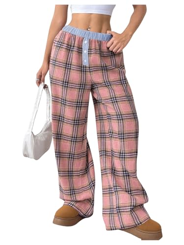 GORGLITTER Freizeithose Damen Lang Weites Bein Lounge Hose Karierte Hose Stoffhose Mit Gummizug Y2k Hose High Waist Jogginghose Stretch Hose Gerade Hose Rosa L von GORGLITTER